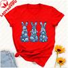 Porcelain Style Easter Bunny Tshirt Three Blue White Floral Rabbits With Bow Egg Graphic Breathable Fabric Festive Casual Tee
