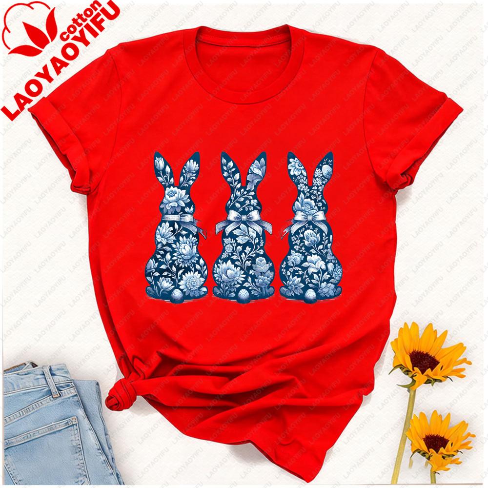 Porcelain Style Easter Bunny Tshirt Three Blue White Floral Rabbits With Bow Egg Graphic Breathable Fabric Festive Casual Tee
