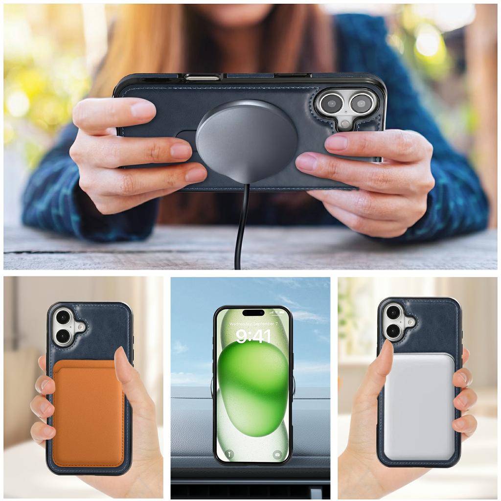 For iPhone 16 Case Magnetic Kickstand PU Leather Coated PC+TPU Phone Cover