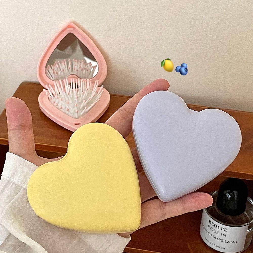 Anti-static Folding Airbag Comb Mini Massage Comb Cute Heart Hair Comb with Mirror  Women Girl