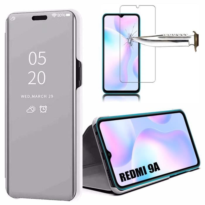 Coque pour Redmi 9A(6,53") avec Verre Trempé E Effet Miroir Fenêtre Tanslucide Protection Renforcée Argente