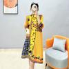 Retro Style A-line Dress for Women's New Loose Print High-end Pleated Half High Neckline 7/4 Sleeve Mid Length Skirt