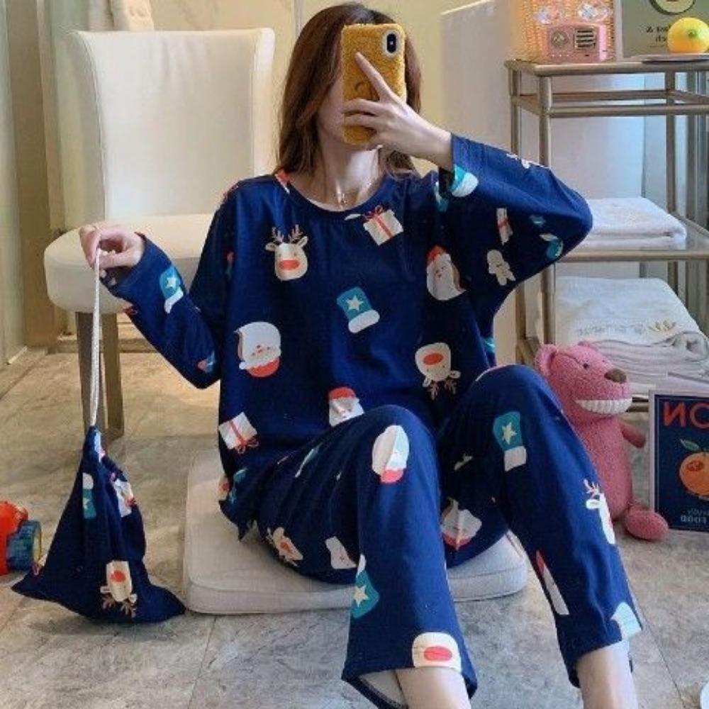 Cartoon Cute Patterned Long Sleeved Pajamas Set Female Spring Sleepwear Comfortable Cotton Round Neck Pajamas