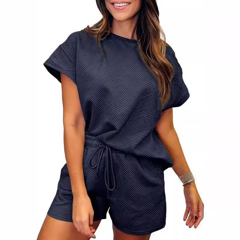 Однотонный топ с круглым вырезом и короткими рукавами для женщин, весна-лето, фактурная ткань, модные шорты, комплект для женщин, костюмы и комплекты для женщин