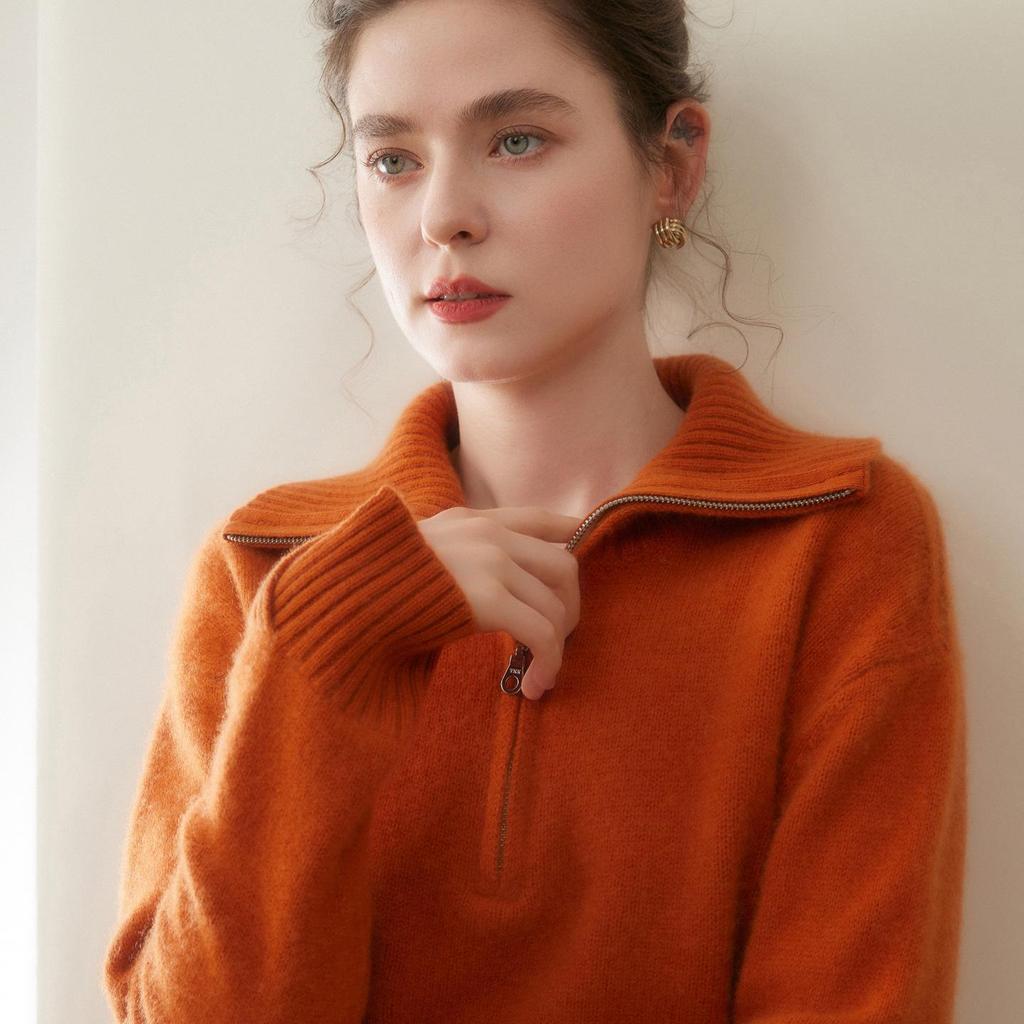 Women's Half-Zip Lapel Cashmere Sweater: Thickened, Soft, Loose Fit, High-End Knit for Autumn/Winter