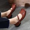 Johnature Square Toe Shallow Mary Jane Shoes Genuine Leather Retro Solid Color Soft Soled Shoes