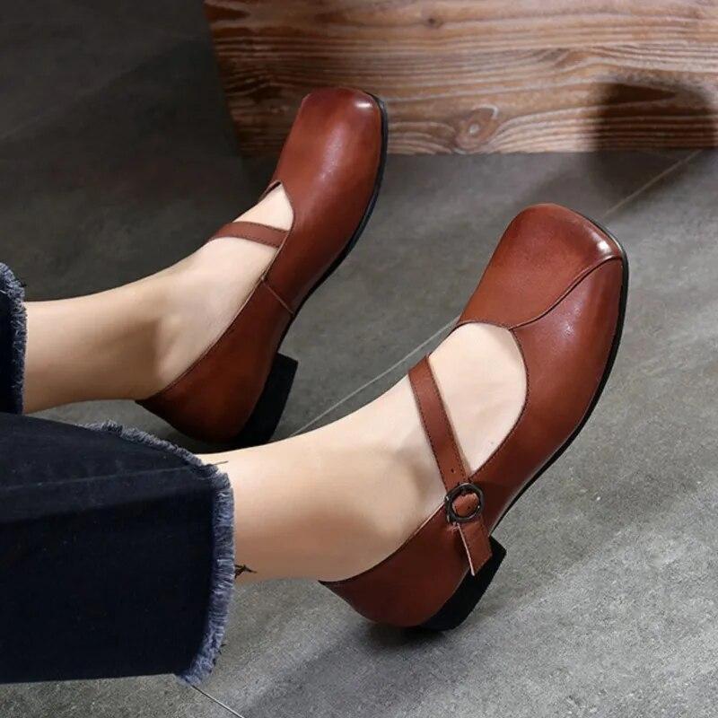 Johnature Square Toe Shallow Mary Jane Shoes Genuine Leather Retro Solid Color Soft Soled Shoes