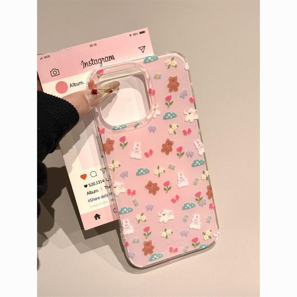 Ins чехол для мобильного телефона с цветами, кроликом, медведем для iPhone17promax подходит для Apple 16promax чехол imd на белом фоне