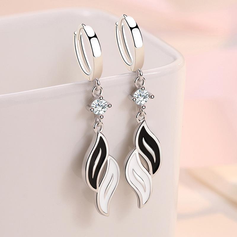 KOFSAC 925 Sterling Silver Earrings For Women Black And White Leaf Earring Fashion Zircon Jewelry Lady Party Accessories