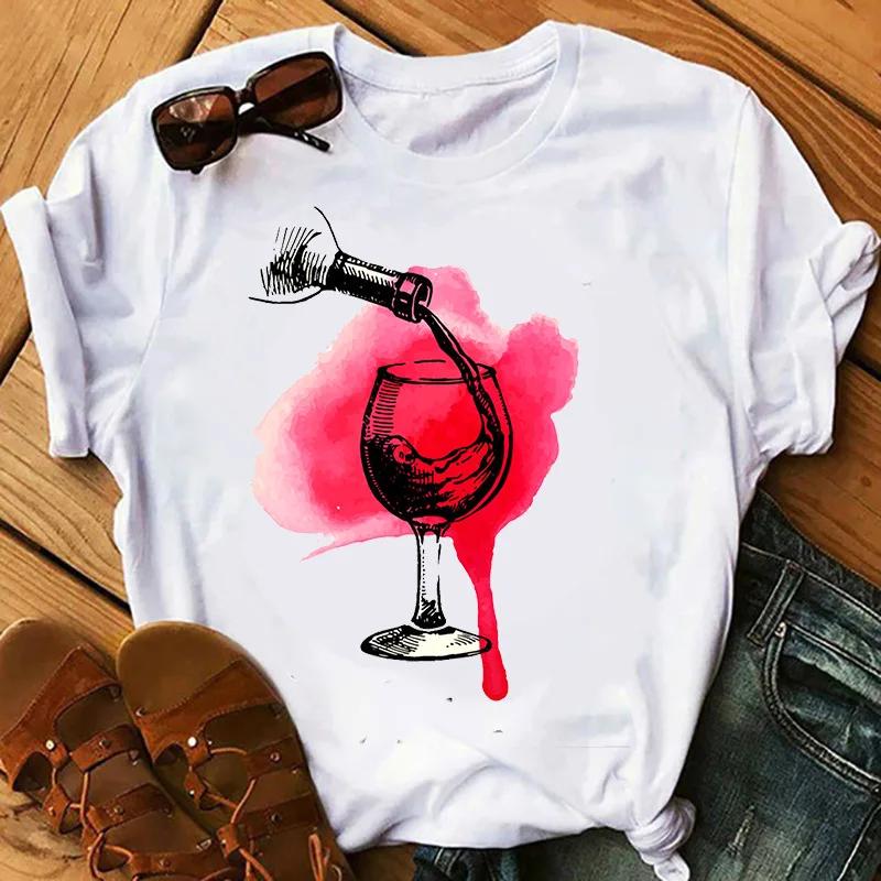 Wine Glass Wine Glass Print Short Sleeve T Shirt Women Vintage Tops Harajuku Graphic T-shirts Aesthetic Clothes Tee