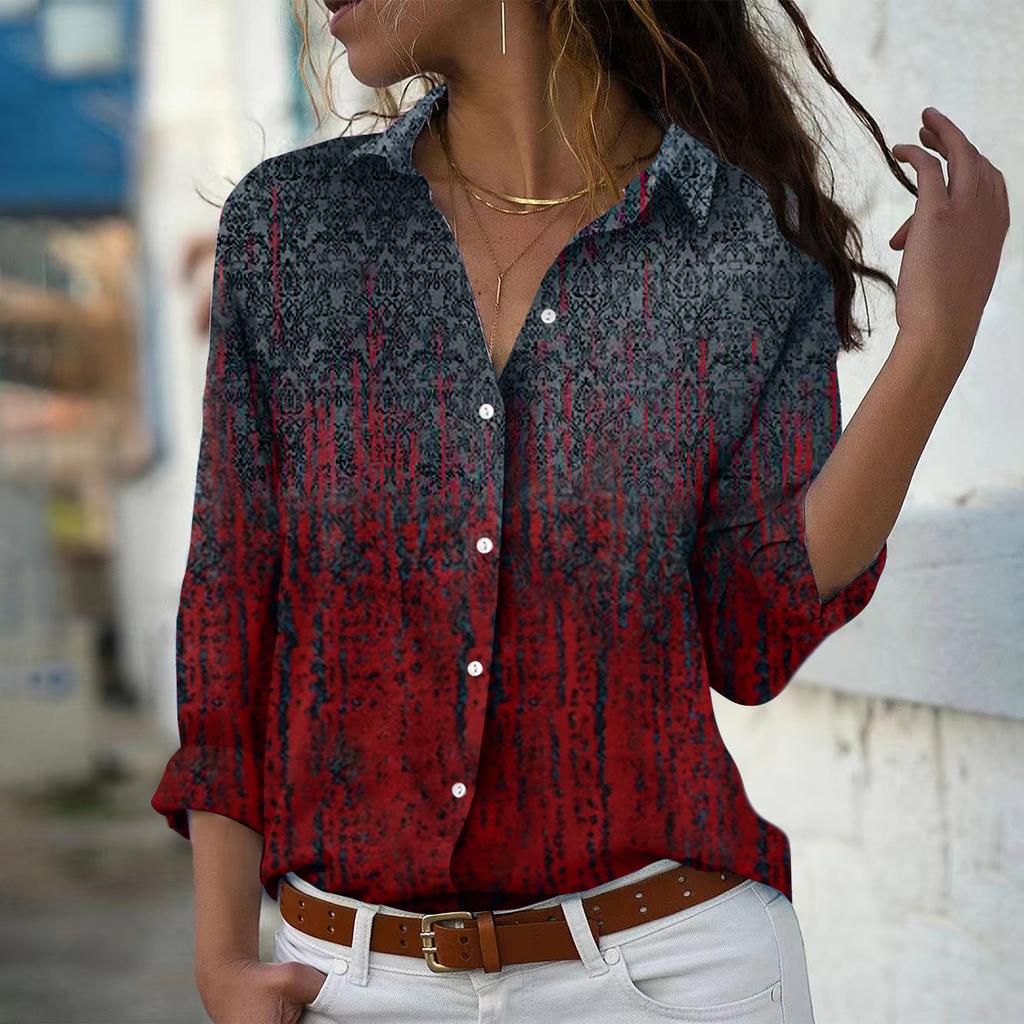 Retro Pattern Print Women Blouse Spring Autumn Femme Office Lady Button Up Turn Down Collar Shirts