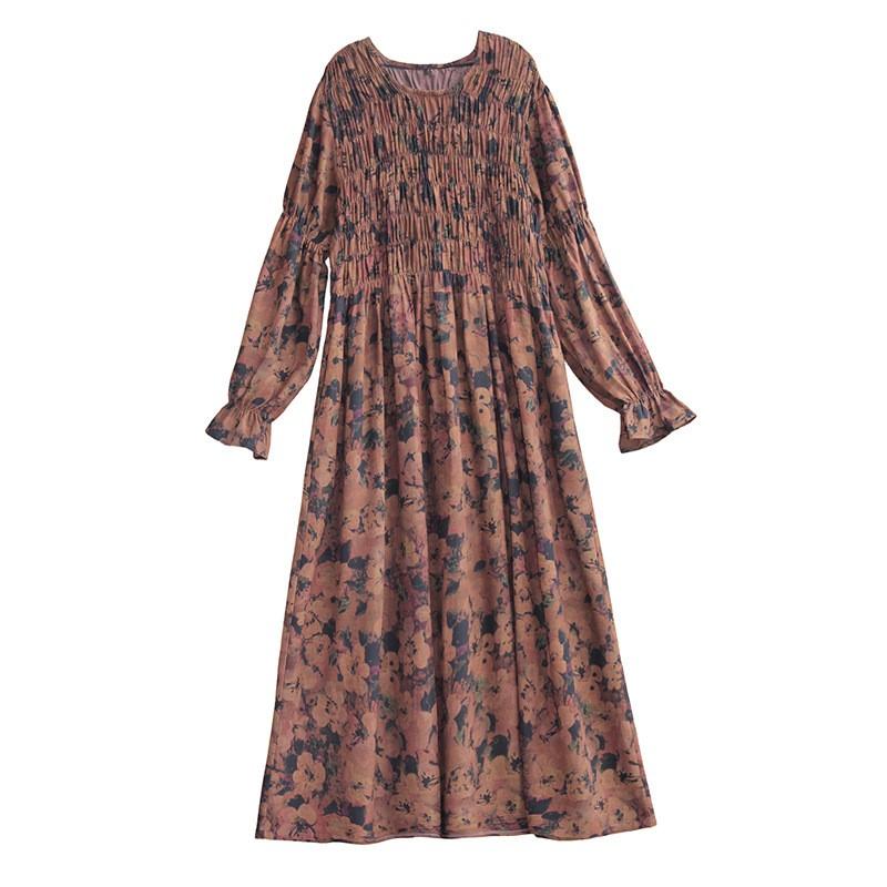 Johnature Женское осеннее платье с длинными рукавами и принтом, свободное платье в стиле ретро с круглым вырезом и рукавами-фонариками