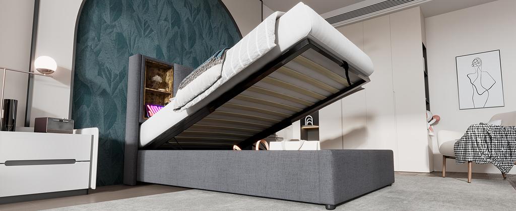 Double Bed with Wireless Charging USB C, Upholstered Bed Frame 180x200cm, with Storage Slatted Frame made of Wood-Natural Linen