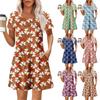 Women's Summer Casual Round Neck Pleated With Pockets Printed Short Sleeve Dresses