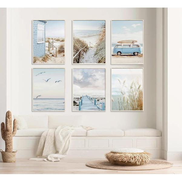 6Pcs Blue Coastal Beach Canvas Wall Art Summer Tropical Ocean Picture Wall Decor Nautical Surfboard Bus Posters Preppy Beach Painting Prints Artwork