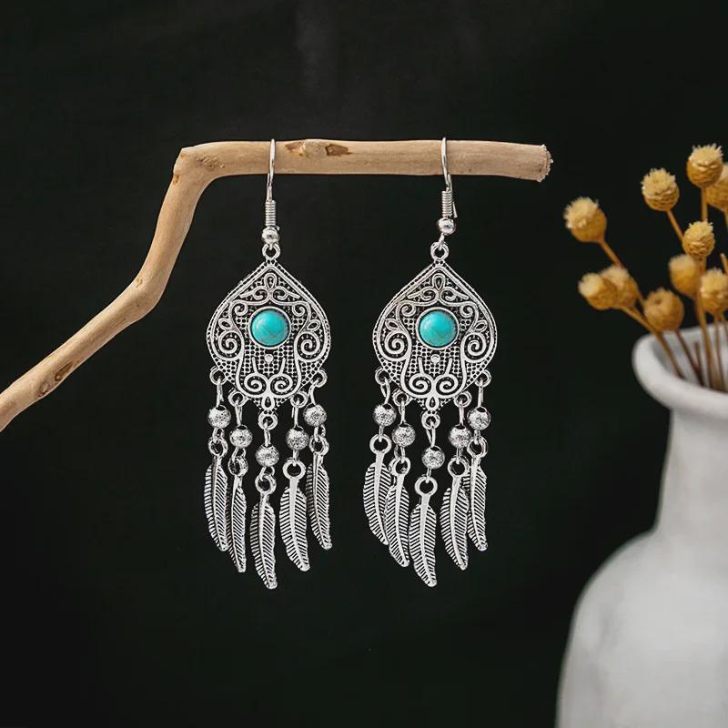 European and American Retro Hollow Turquoise Tassel Bohemian Earrings for Women
