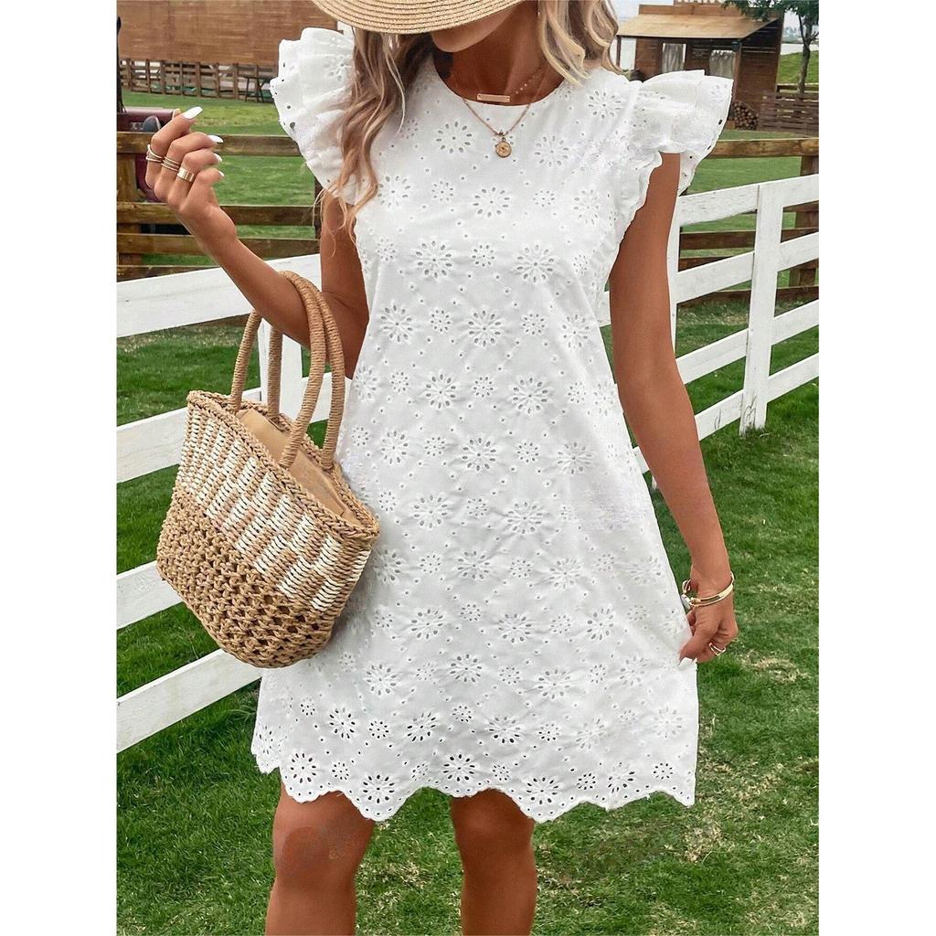 Женское модное однотонное платье с круглым вырезом и свободным рукавом из кружева