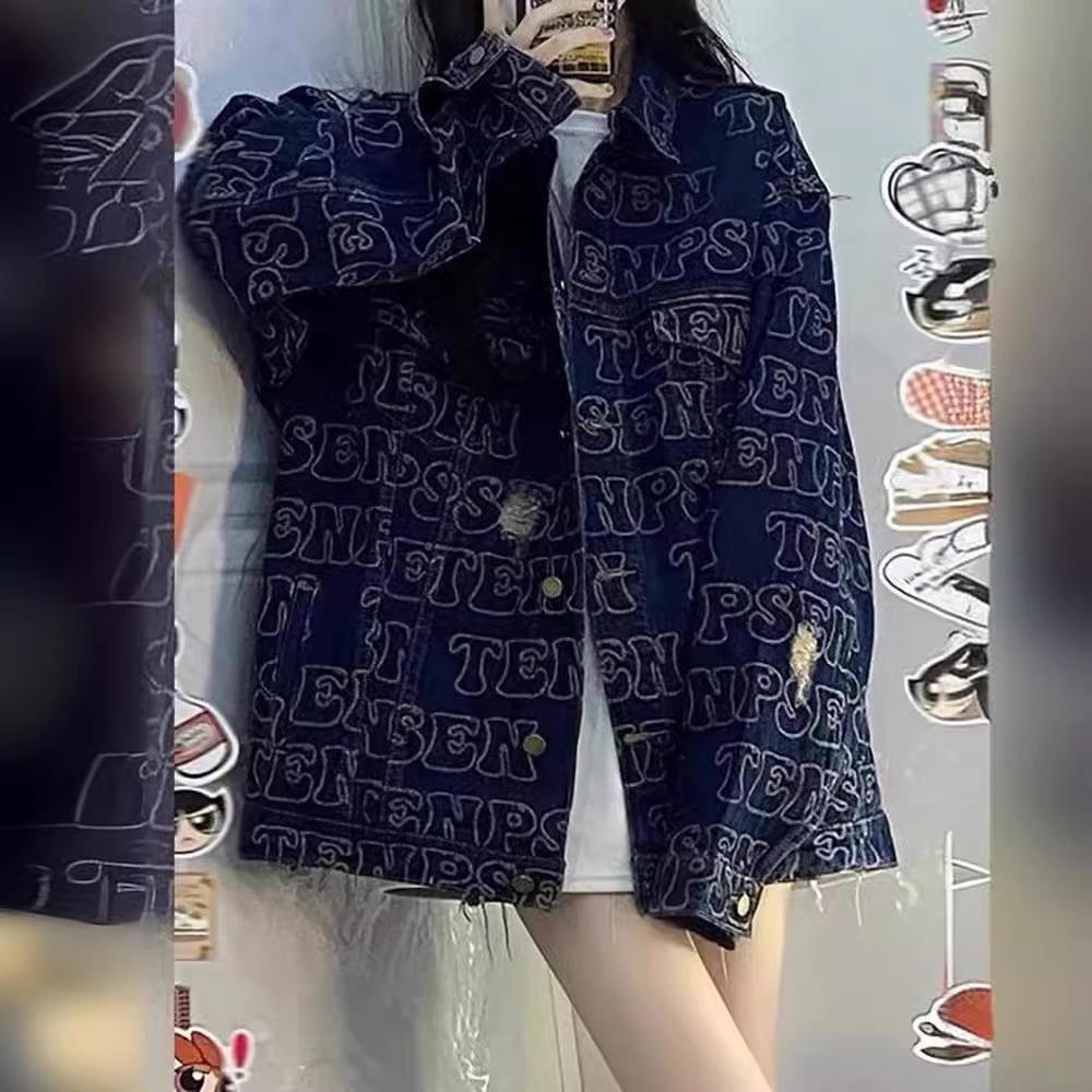 Весенне-осенняя женская джинсовая куртка Broken Holes Full Printed CoupleLapel Loose Country Trend Jacket
