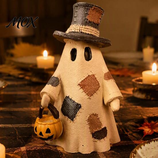 Reusable Halloween Party Supplies Patchwork Ghost Ornament, Hanging Pumpkin Lantern Resin Vintage Stable Base Figurine Set Decorative Figures for Home