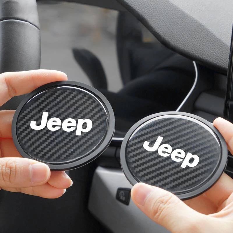 AQI1 2Pcs Carbon Fiber Texture Car Coaster Interior Cup Mat for Jeep Wrangler Grand Cherokee Avenger Compass Wagoneer Patriot