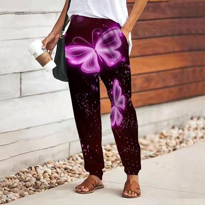 Женские брюки с принтом бабочек, на шнуровке, с эластичной талией, свободные, повседневные длинные брюки, брюки с карманами