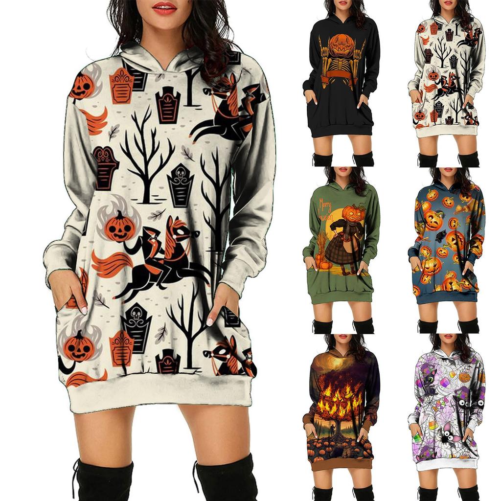 Women's And Winter Hooded Sweatshirt Dress Halloween Print Dress