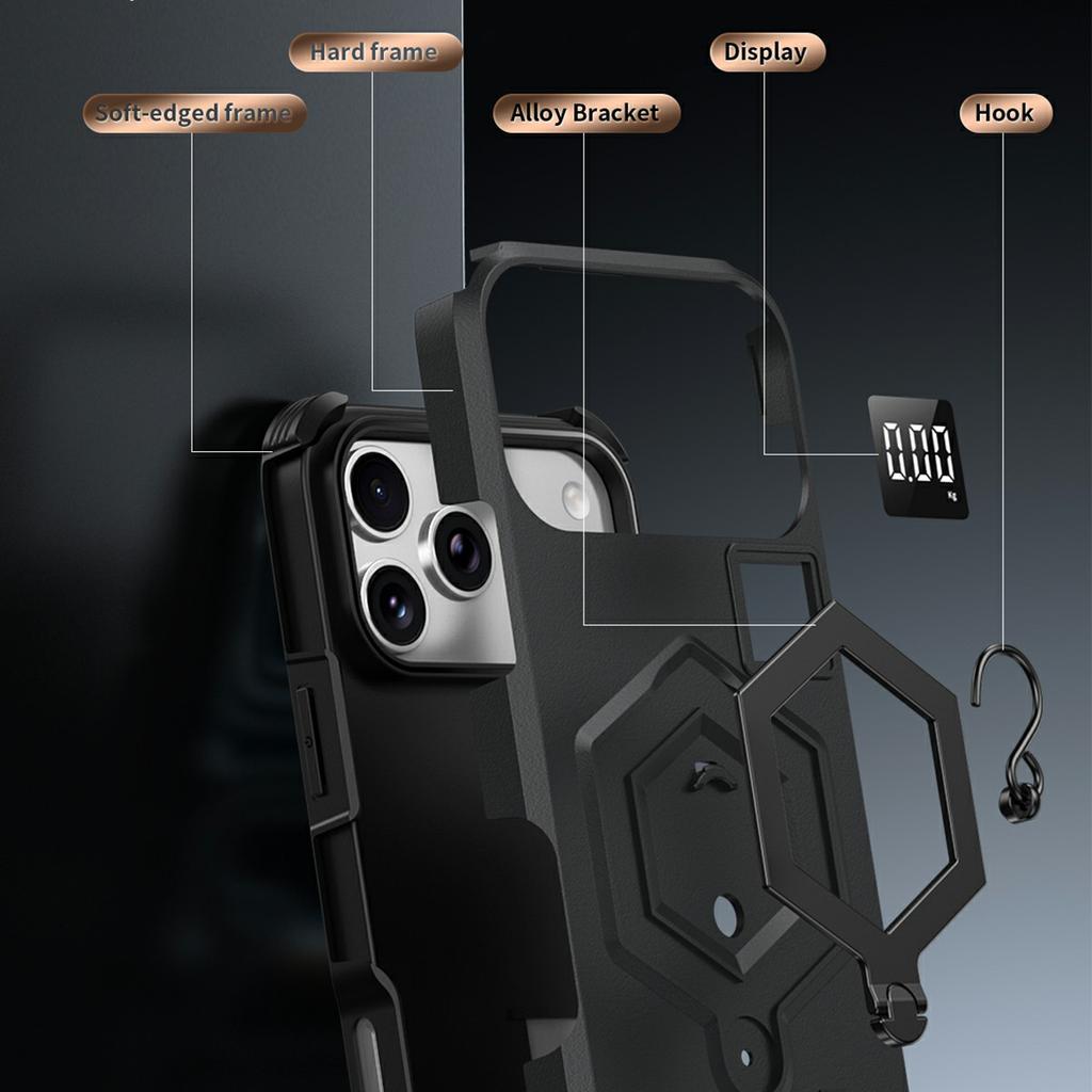 For iPhone 17 Pro Max Case Hexagonal Kickstand Shockproof TPU PC Matte Phone Cover with Integrated Scale Hook