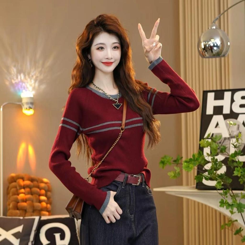 Новый осенне-зимний вязаный топ с длинным рукавом и женский полосатый базовый слой в стиле ретро — стильные, повседневные и универсальные.