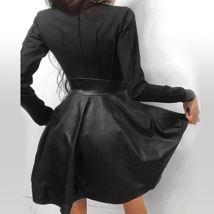 Elegant Women Faux Leather Lace Mini Dress Long Sleeve Zipper Pocket Large Hem Party Vestidos 5XL Fashion Clothing