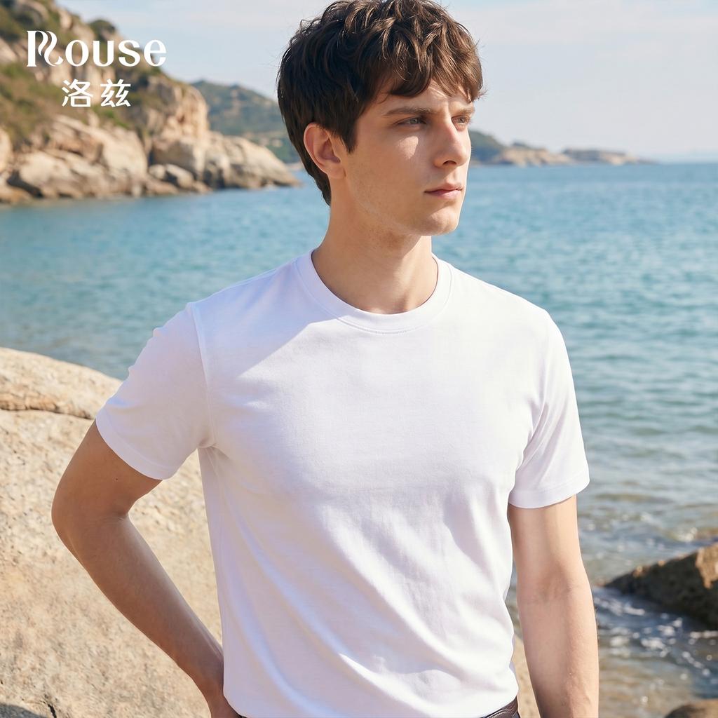 Lodz [100% high count combed cotton] summer men's lock edge breathable round neck short sleeved T-shirt