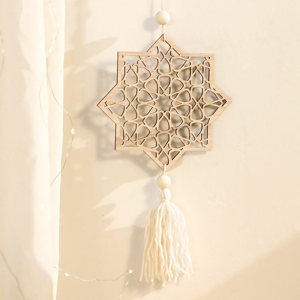 with Tassels Moon Star Hollow Mesh Wall Decor Wooden Handicraft Pendant  Ramadan Celebration
