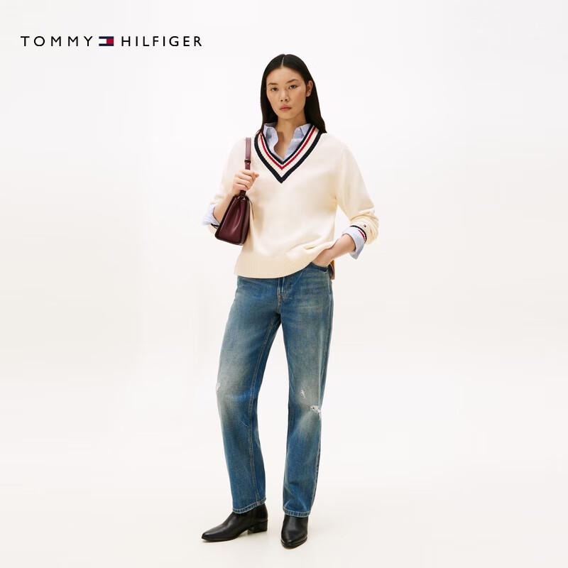 Tommy Hilfiger Женский трикотажный свитер с V-образным вырезом и цветными блоками в университетском стиле