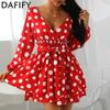 Women's Fashion Spring Autumn Polka Dot Print Long Sleeve V-Neck High Waist Casual Dresses