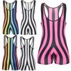 Mens Striped Wrestling Singlet Boxer Bodysuit Weight Lifting Stretchy Leotard Shapewear
