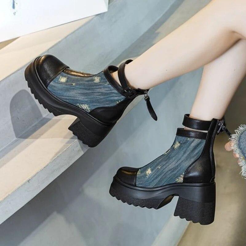 Джинсовые ботинки Fujin из натуральной кожи 10 см, осенне-весенние женские мотоциклетные ботильоны, модная обувь на платформе до середины икры на толстом каблуке