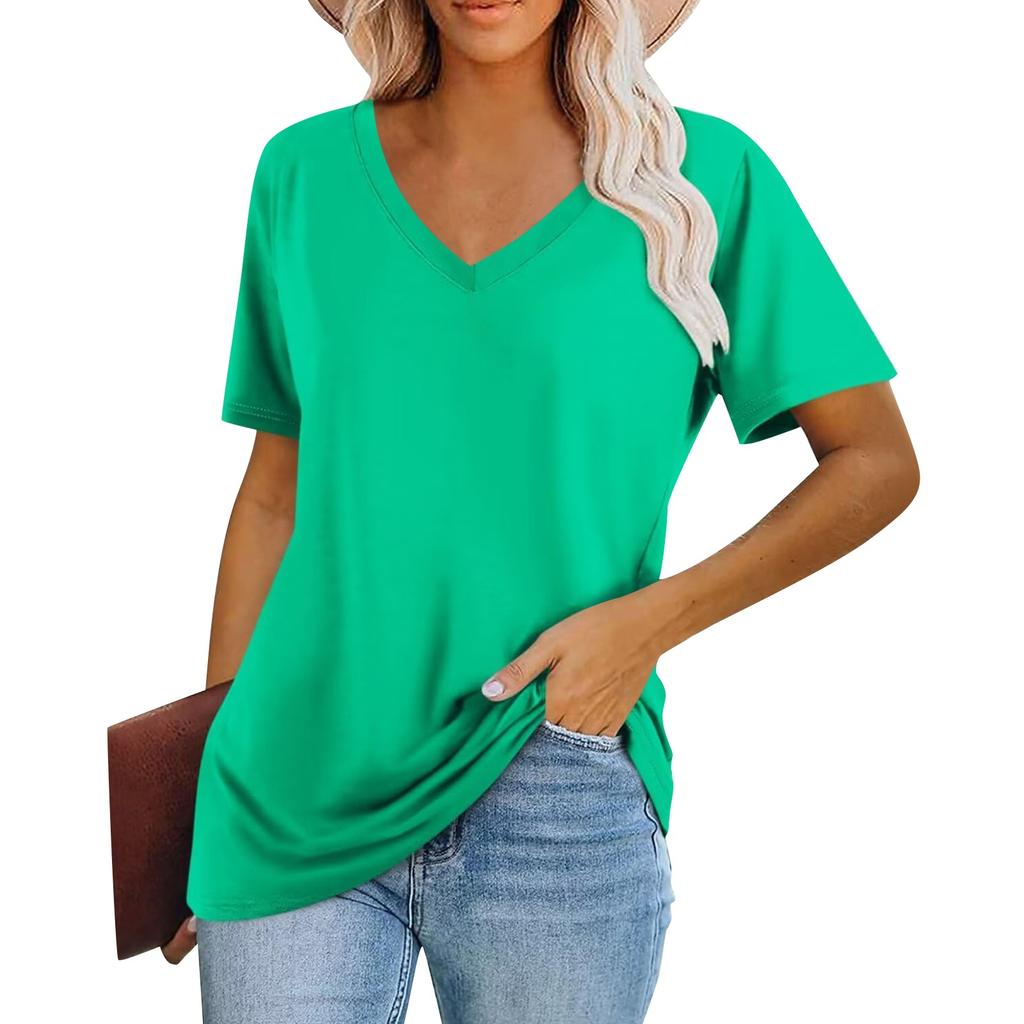 Women's Fashion V-Neck Classic Loose Solid Color Casual Short Sleeve T-Shirt