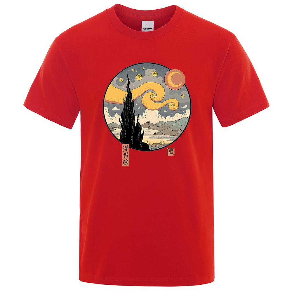 Футболки со смешным принтом Starry Ukiyo-E Night, мужские повседневные футболки Harajuku из хлопка, летние уличные топы с коротким рукавом