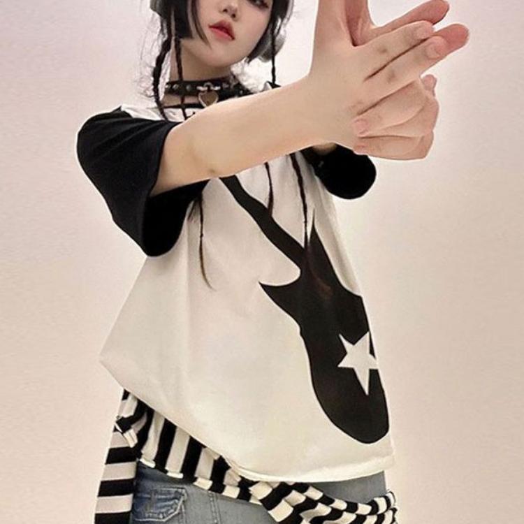 Лоскутная футболка с принтом Harajuku, женская гранж-футболка, корейская мода, свободные топы в стиле гранж с круглым вырезом, с коротким рукавом, гранж, эстетическая футболка Y2k