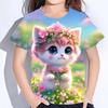 Summer Kids Cartoon Cute Cats Tops Tees 3D Floral Printed T-shirt Children O-Neck Short Sleeve Clothing Girls Casual
