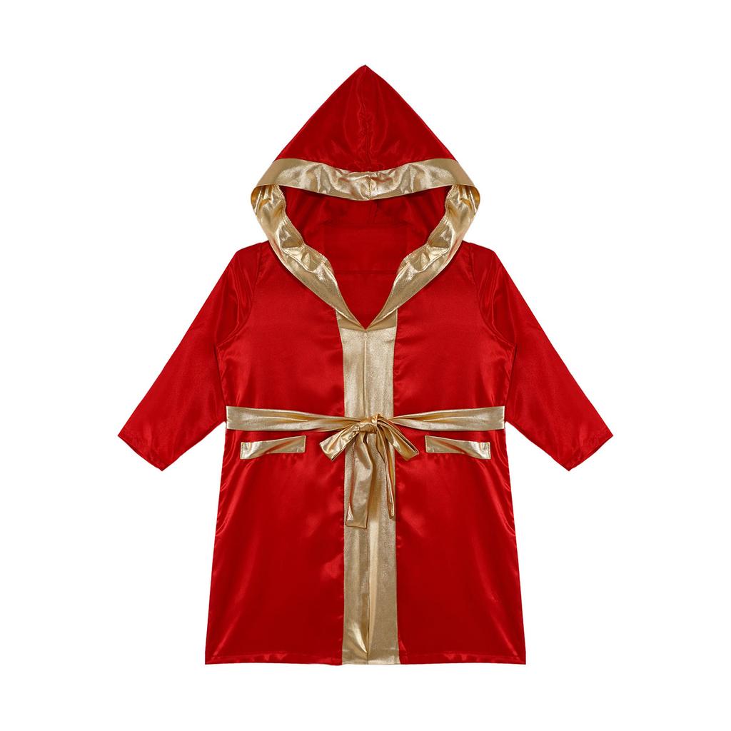 Kids Boys Boxing Robe Thai Kickboxing Costume Long Sleeve Open Front Hoodie Cloak with Belt Workout Sports Fitness Joggers