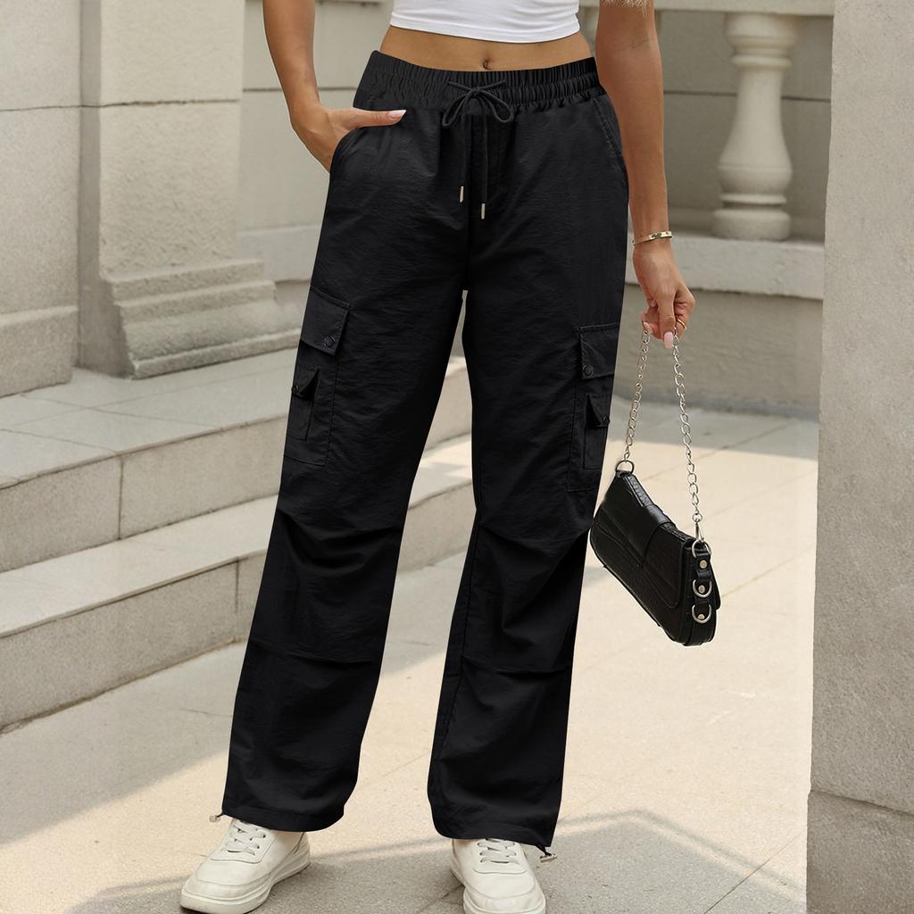 Women's Fashion Solid Color High Waist Drawstring Loose Multi Pocket Strap Casual Pants