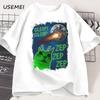 Funny Alien Cat T-Shirt Men Women Humor Brainrot T Shirt Silly Cats Joke T Shirts Cotton Short Sleeve Harajuku Tees Streetwear