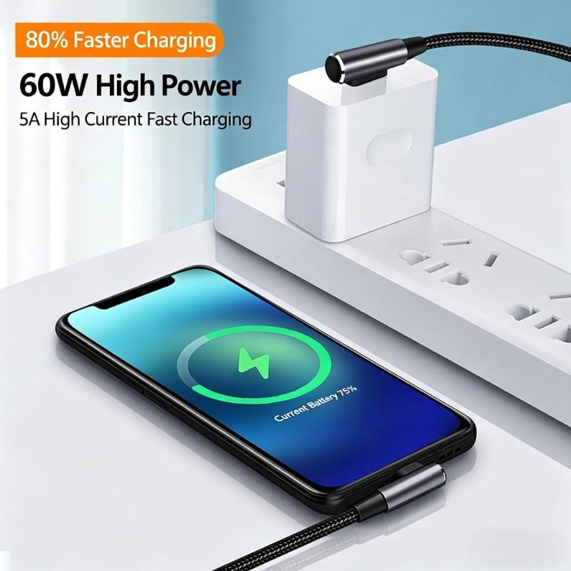 Прочный плетеный USB C кабель с поддержкой Power Delivery 60 Вт, Г-образный разъем, кабель для передачи данных, подходит для различных устройств