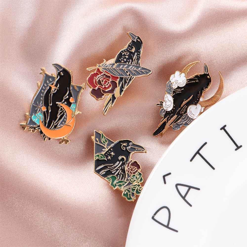 Цветы Птичье Перо Панк Сумка Броши Ворон Ворон Значки Мультяшные Значки Металлическая Брошь Эмалевый Значок