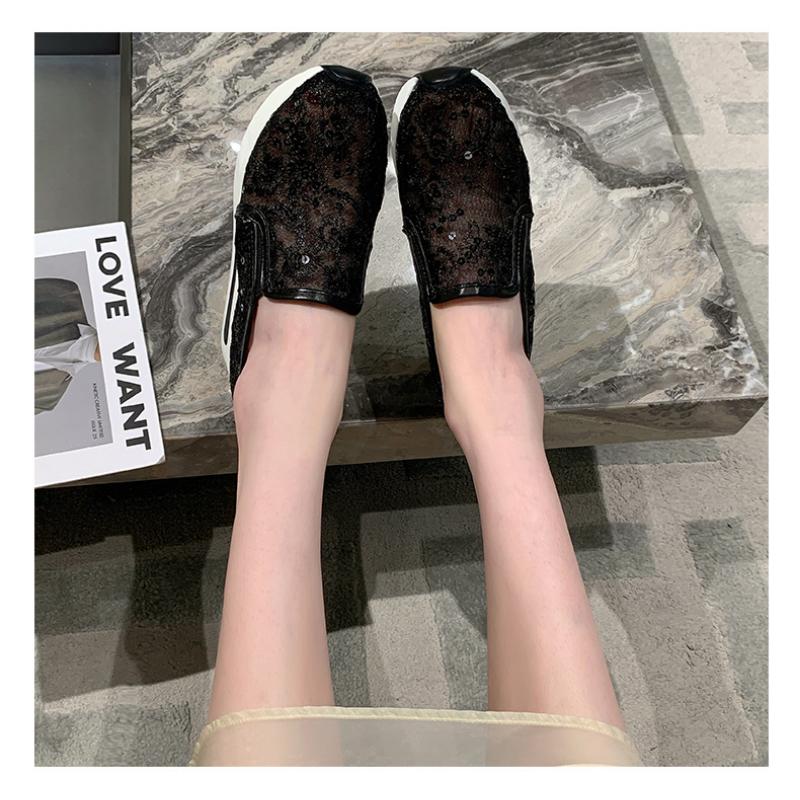 Женские одиночные туфли с приподнятой внутренней частью, весенне-летняя корейская версия, повседневная женская обувь с кружевной сеткой и пайетками, на толстой подошве