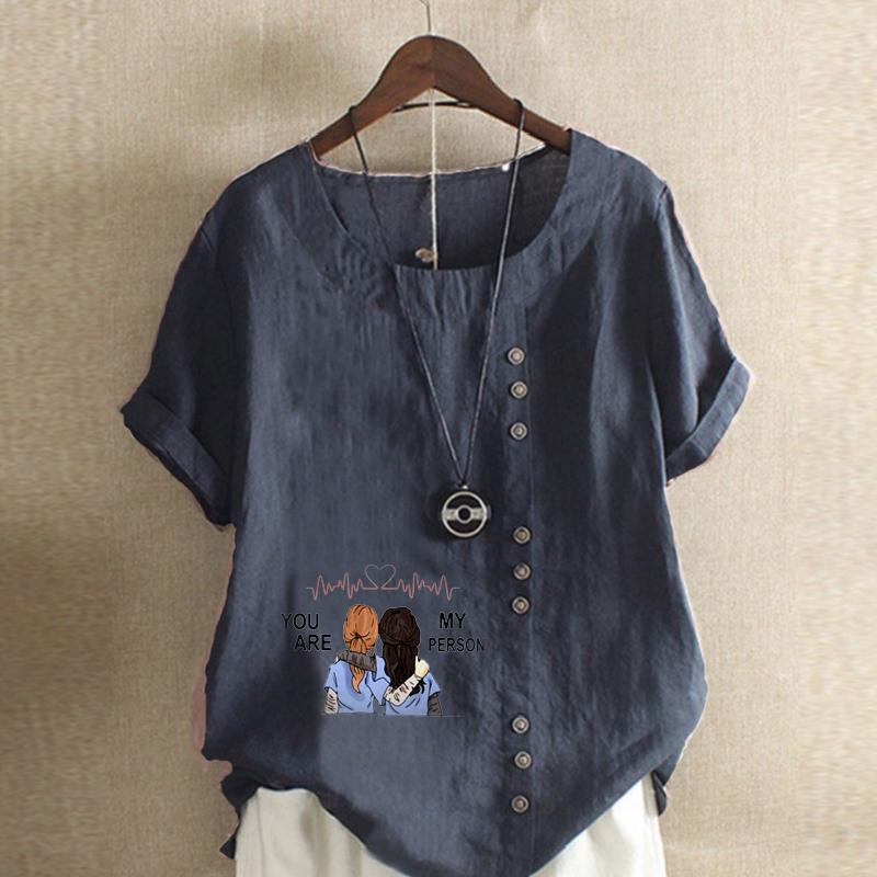 Women's Fashion Round Neck Short Sleeve T-shirt Casual Cotton Linen Graphic Shirt Leisure Loose Good Sisters Prined Summer Blouse Tops