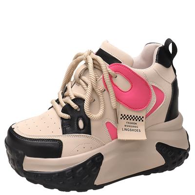 Модные женские кроссовки на высокой платформе 2024 года, новые осенние туфли на танкетке высотой 10 см, кроссовки на толстой подошве из кожи, повседневные кроссовки Chunky Dad для женщин