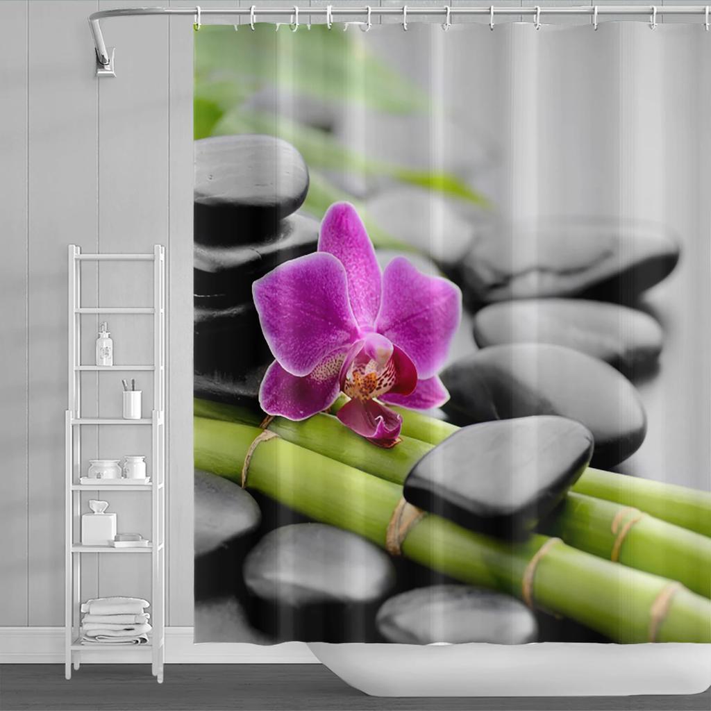 Spa Buddha Water Yoga Shower Curtain Rural Landscape Creek Stone Lotus Buddha Waterproof Polyester Bathroom Curtain With Hooks