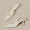 Women's French Style Low-Heeled Stiletto Sandals with Pointed Toe and Breathable, Buckle Strap Design.