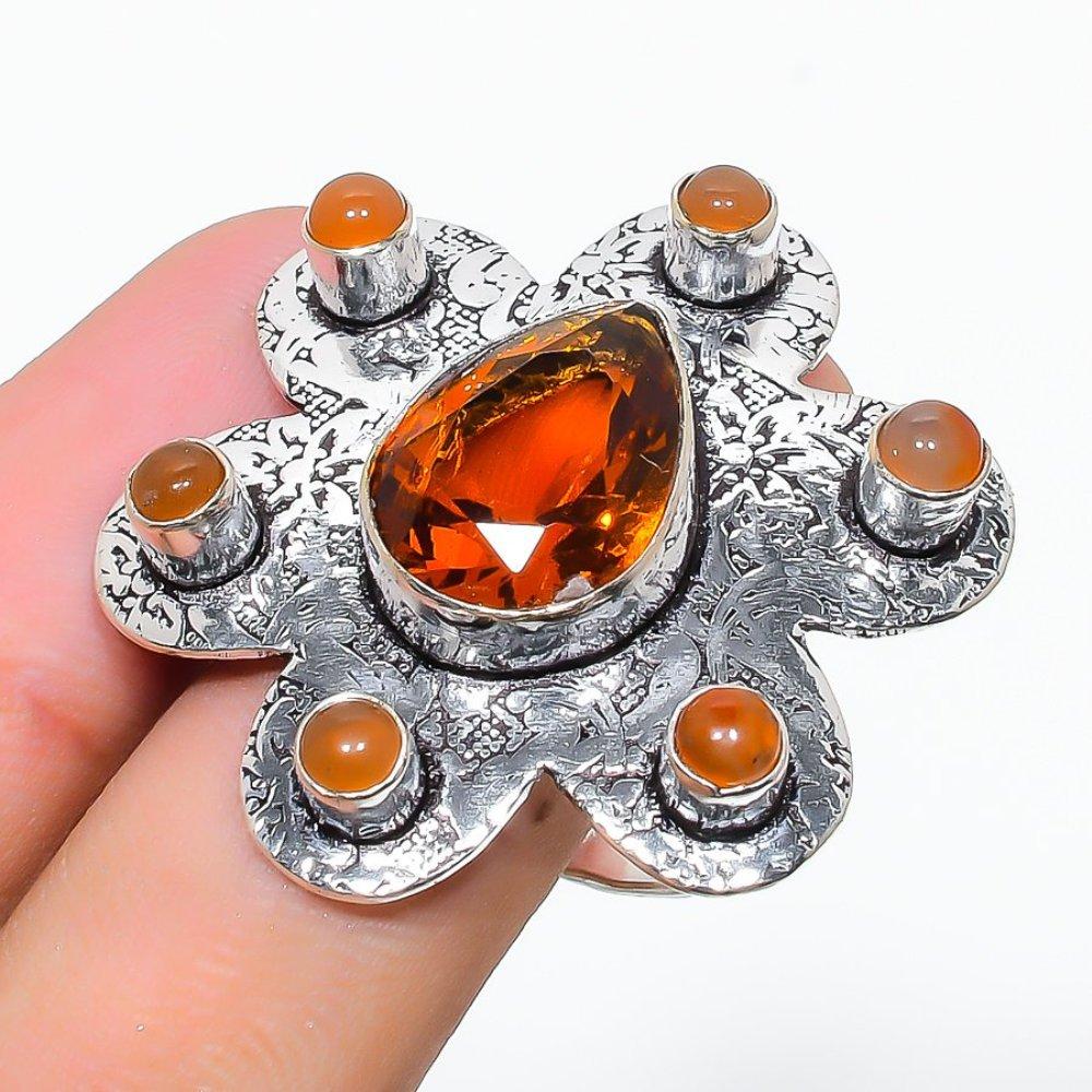 Honey Topaz, Carnelian Gemstone Handmade 925 Sterling Silver Ring Size 9 y2W46